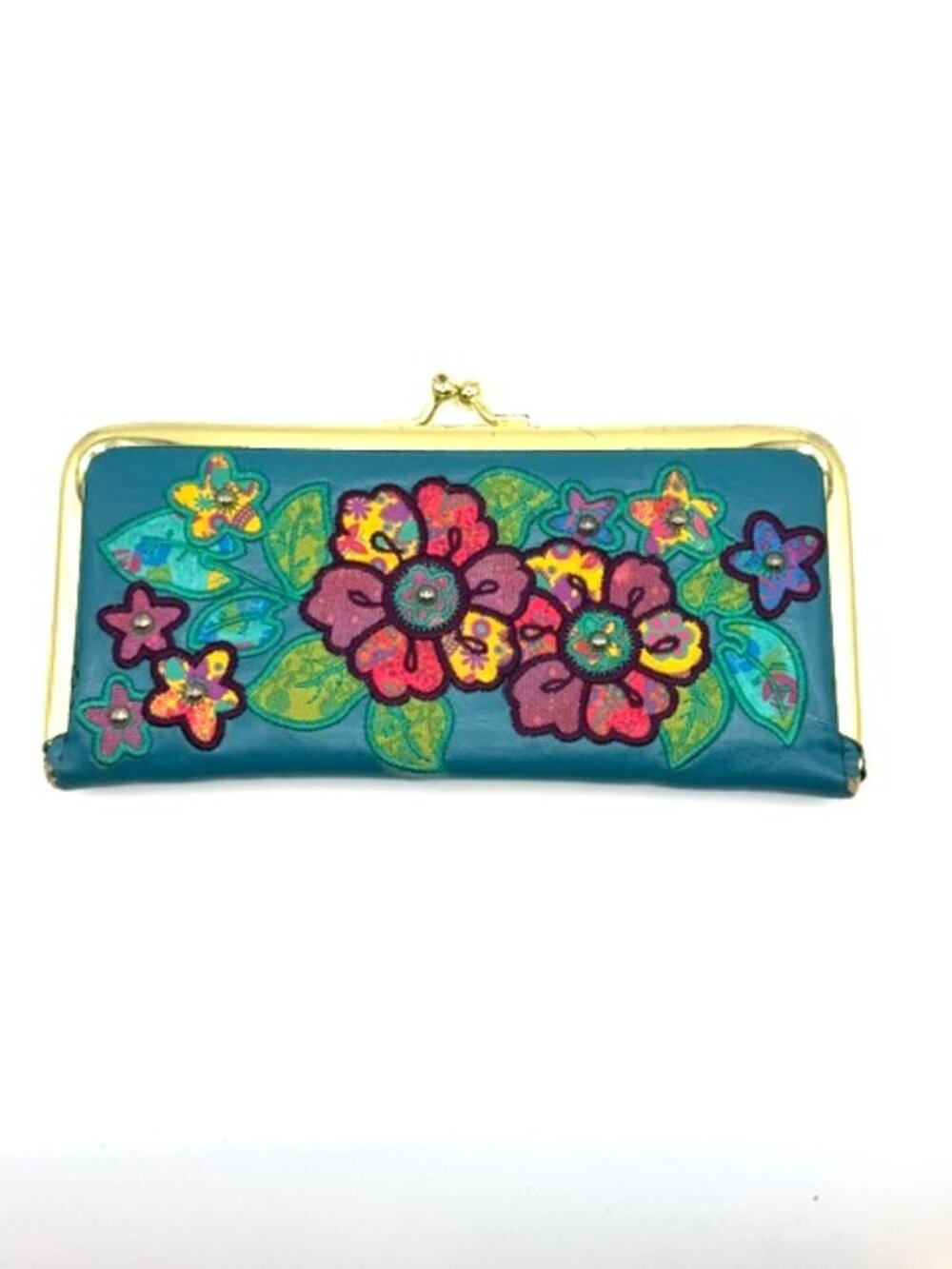 Loop NYC Teal Floral Embroidered Kiss Lock Clutch Wallet Y2K